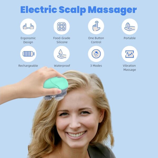 Electric Scalp Massager for Men Women, Handheld Cat Dog Pet Head Massager with 4 Massage Heads, 3 Speeds, Waterproof, for Hair Growth, Soothing Muscles Joints, Stress Relax(Green)