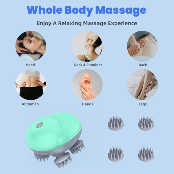 Electric Scalp Massager for Men Women, Handheld Cat Dog Pet Head Massager with 4 Massage Heads, 3 Speeds, Waterproof, for Hair Growth, Soothing Muscles Joints, Stress Relax(Green)