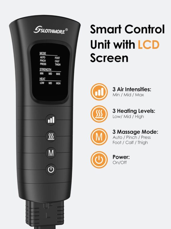 SLOTHMORE Leg Massager with Heat and Air Compression, Foot Calf & Thigh Massage for Circulation and Pain Relief, Sequential Compression Device for Swollen Legs, 3 Intensities 6 Modes