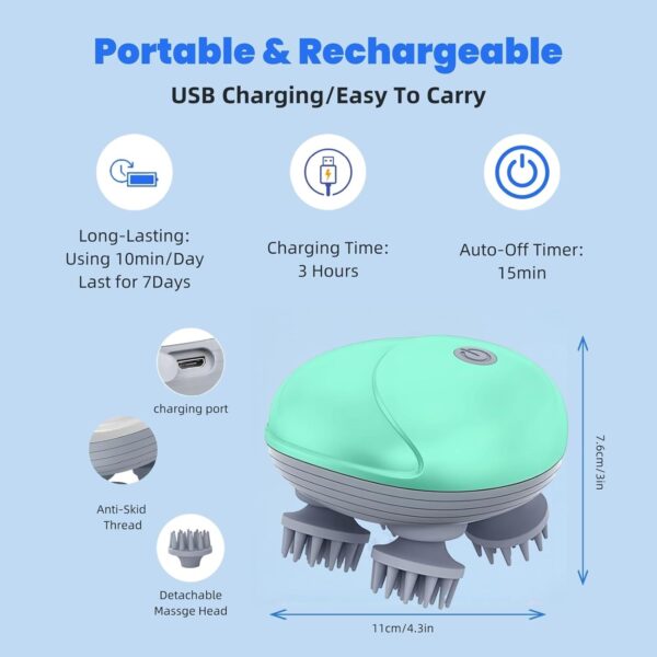 Electric Scalp Massager for Men Women, Handheld Cat Dog Pet Head Massager with 4 Massage Heads, 3 Speeds, Waterproof, for Hair Growth, Soothing Muscles Joints, Stress Relax(Green)