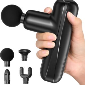 Mini Massage Gun, Powerful Handheld Muscle Massager for Muscle Relaxation, Deep Tissue Percussion Small Massage Gun Travel Massager with 4 Massage Heads Silent Brushless Motor, Black