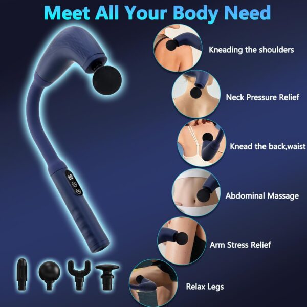 UFFAE Massage Gun with Upgraded Extension Handle, Back Massager for Pain Relief Deep Tissue, Muscles/Neck/Shoulders/Waist/Legs Massager with 4 Massage Heads & 6 Speed Levels & 3 Massage Modes, Blue
