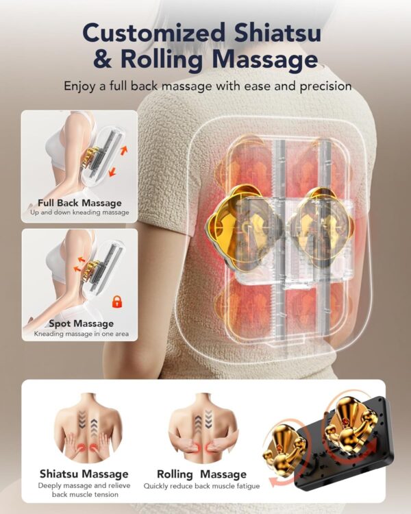 Boriwat Back Massager with Heat, Shiatsu 4D Kneading Rolling Up and Down Back Massage for Pain Relief Deep Tissue, Track-Guided Lower Back Massager for Lumbar, Shoulder, Gifts for Women Men Mom Dad
