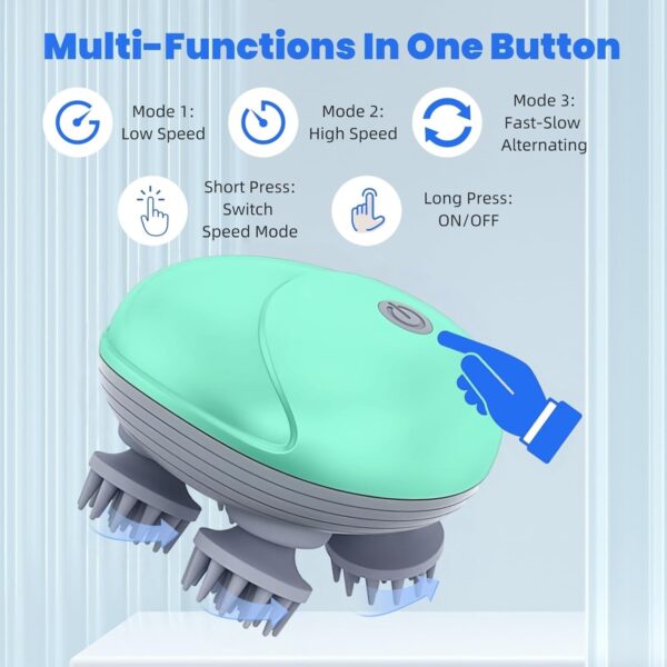 Electric Scalp Massager for Men Women, Handheld Cat Dog Pet Head Massager with 4 Massage Heads, 3 Speeds, Waterproof, for Hair Growth, Soothing Muscles Joints, Stress Relax(Green)