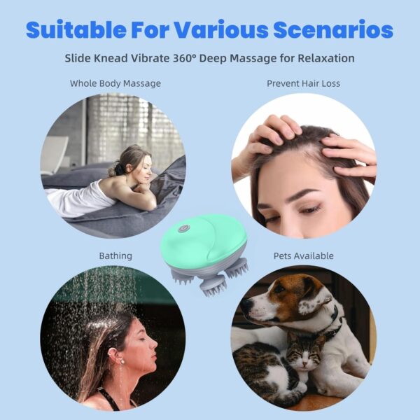 Electric Scalp Massager for Men Women, Handheld Cat Dog Pet Head Massager with 4 Massage Heads, 3 Speeds, Waterproof, for Hair Growth, Soothing Muscles Joints, Stress Relax(Green)