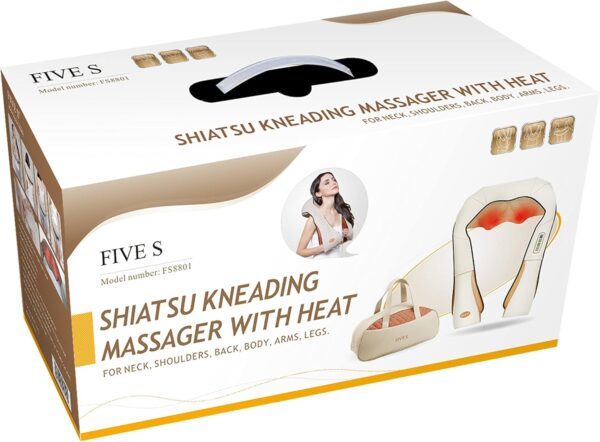 FIVE S FS8801 Shiatsu Neck and Back Massager with Heat, Deep Kneading Massage for Neck, Shoulders, Back, Legs, Feet - for Home, Office, Car - Beige