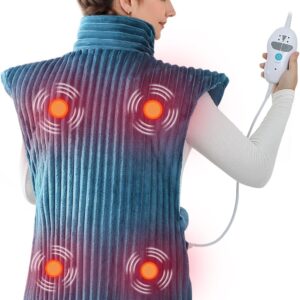 Heating Pads for Back Pain Relief,Wearable Electric Heating Pad with Massager, 24"x35" Extra Large Heated Pad for Neck and Shoulders Cramps,Auto-Shut Off,Machine Washable (Teal)