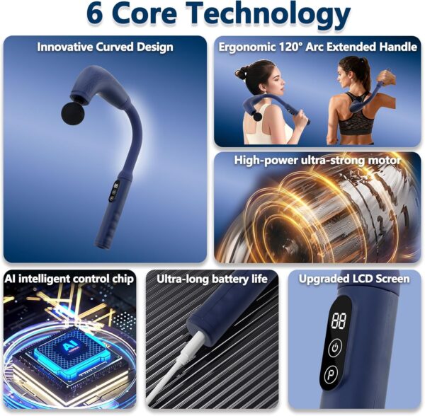 UFFAE Massage Gun with Upgraded Extension Handle, Back Massager for Pain Relief Deep Tissue, Muscles/Neck/Shoulders/Waist/Legs Massager with 4 Massage Heads & 6 Speed Levels & 3 Massage Modes, Blue