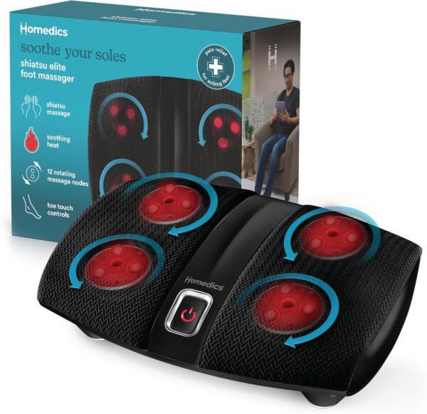 Homedics Shiatsu Select Foot Massager with Heat ?C Shiatsu Foot Massager with Heat, Therapeutic Kneading & Rolling, 4 Rotational Heads with 12 Massage Nodes, Toe-Touch Control