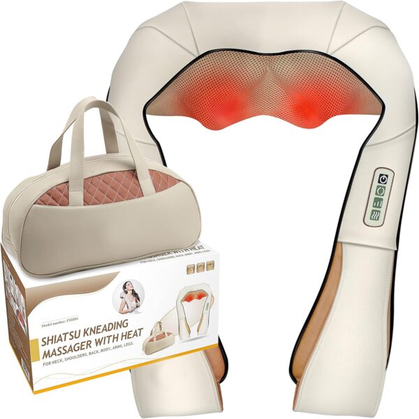 FIVE S FS8801 Shiatsu Neck and Back Massager with Heat, Deep Kneading Massage for Neck, Shoulders, Back, Legs, Feet - for Home, Office, Car - Beige